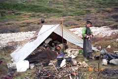 
As I drank my milk-tea the next morning, I watched “The Egg Lady” start their fire with small branches and pieces of wood, and cooked in blackened pots balanced between rocks. She wore the typical Tibetan chuba, a black robe reaching from her shoulders to the top of her flimsy green Chinese sneakers, held together with a wide belt made of multi-coloured cloth on the back and silvery metal on the front, a long dark apron, and bright green long sleeved top. Her hair was braided and held in a bun with a coloured piece of cloth. The other six were still under their blankets beneath the tarp, all huddled close together sleeping head to head crossways. 
